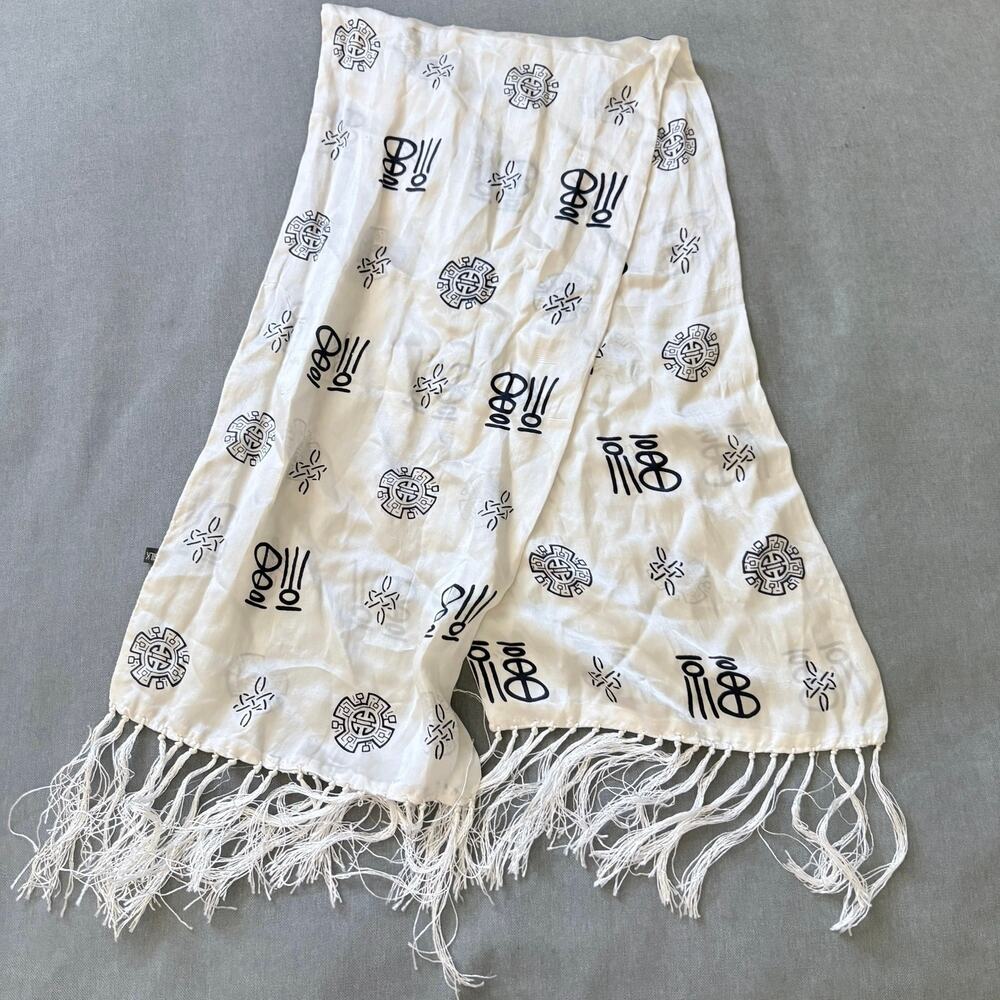 100% Silk Cream Black Fringe Scarf Chinese Inspired Print